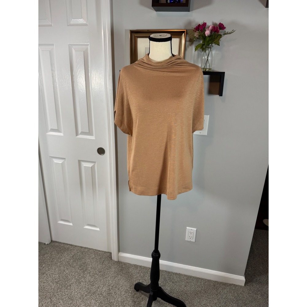 Women Camel Tan Slub Knit Funnel Neck Dolman Short Sleeve Top Sz Large